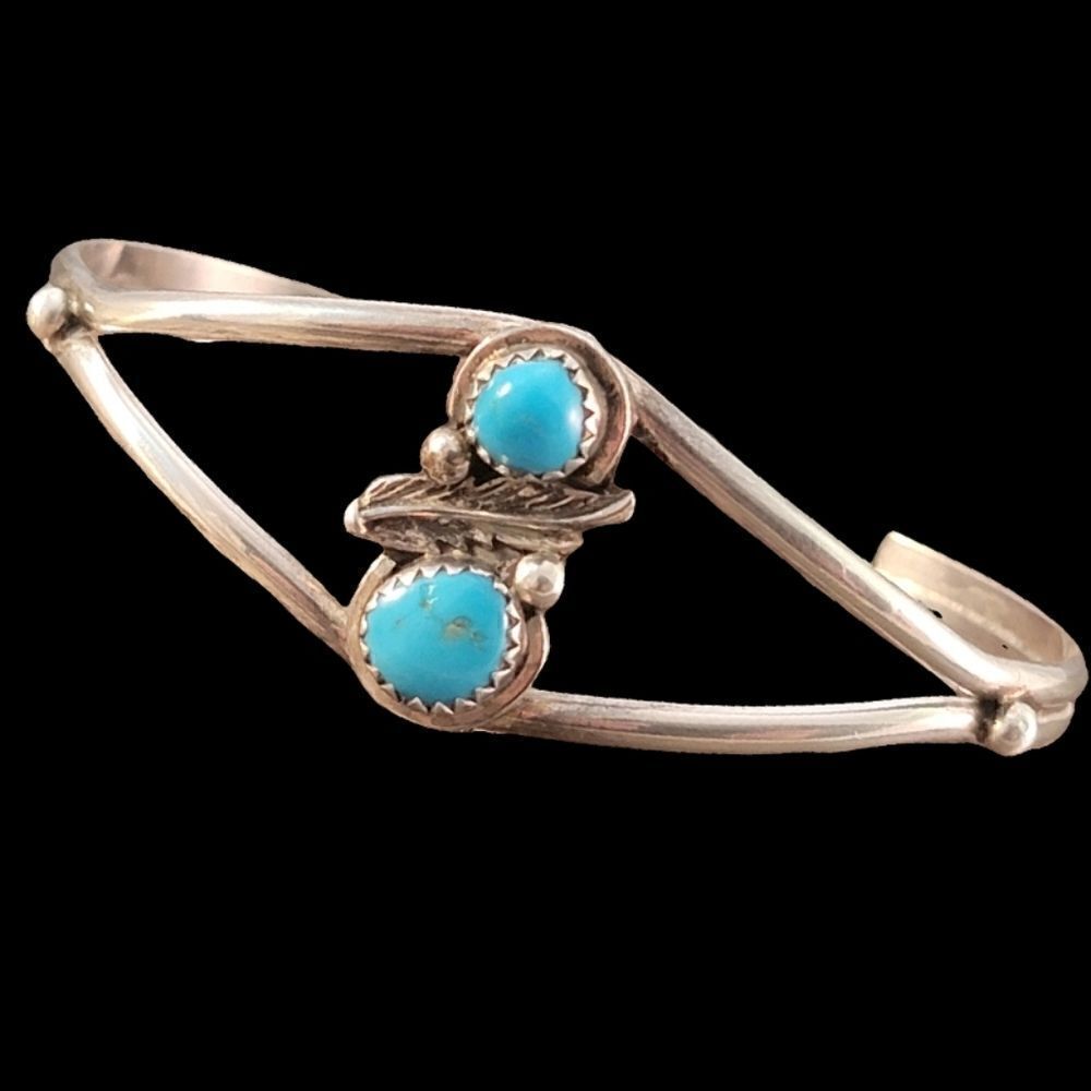 Vintage Sterling Navajo Two Turquoise Leaf Cuff